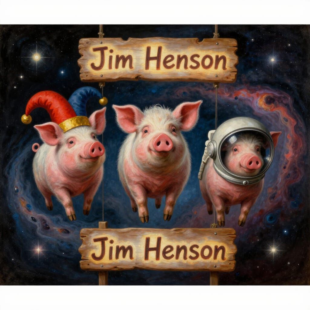 Pigs in Space Oil Painting in Bosch Style