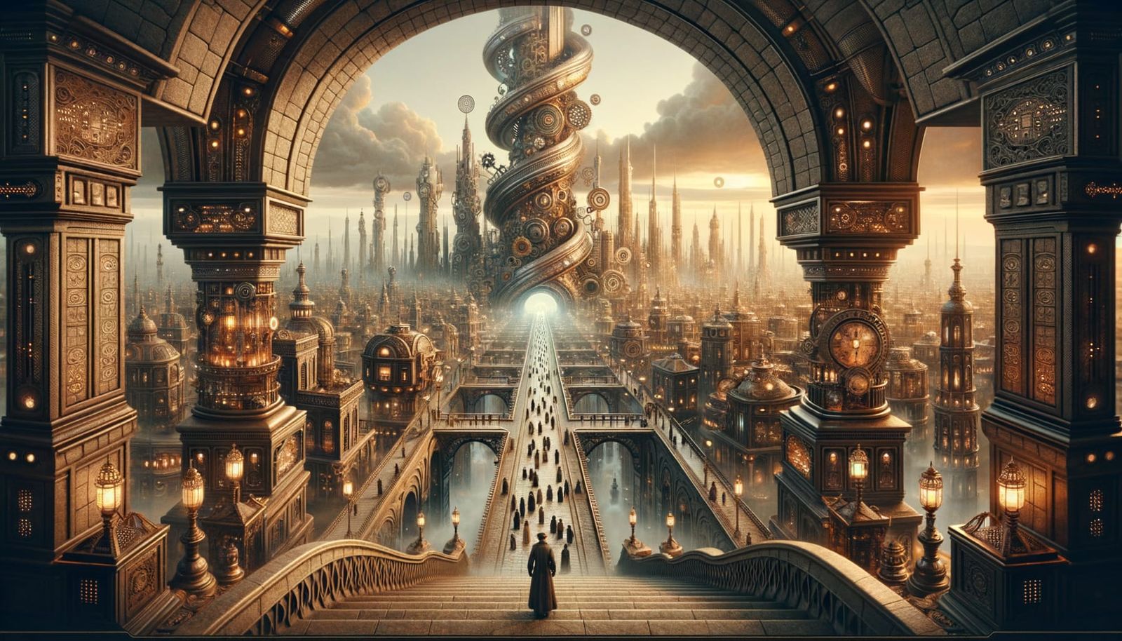 Steampunk Cityscape Through Grand Archway