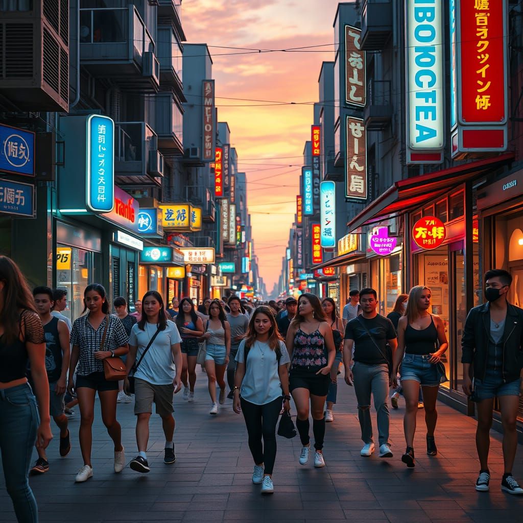 Bustling City Street at Sunset in Hyperrealistic Style