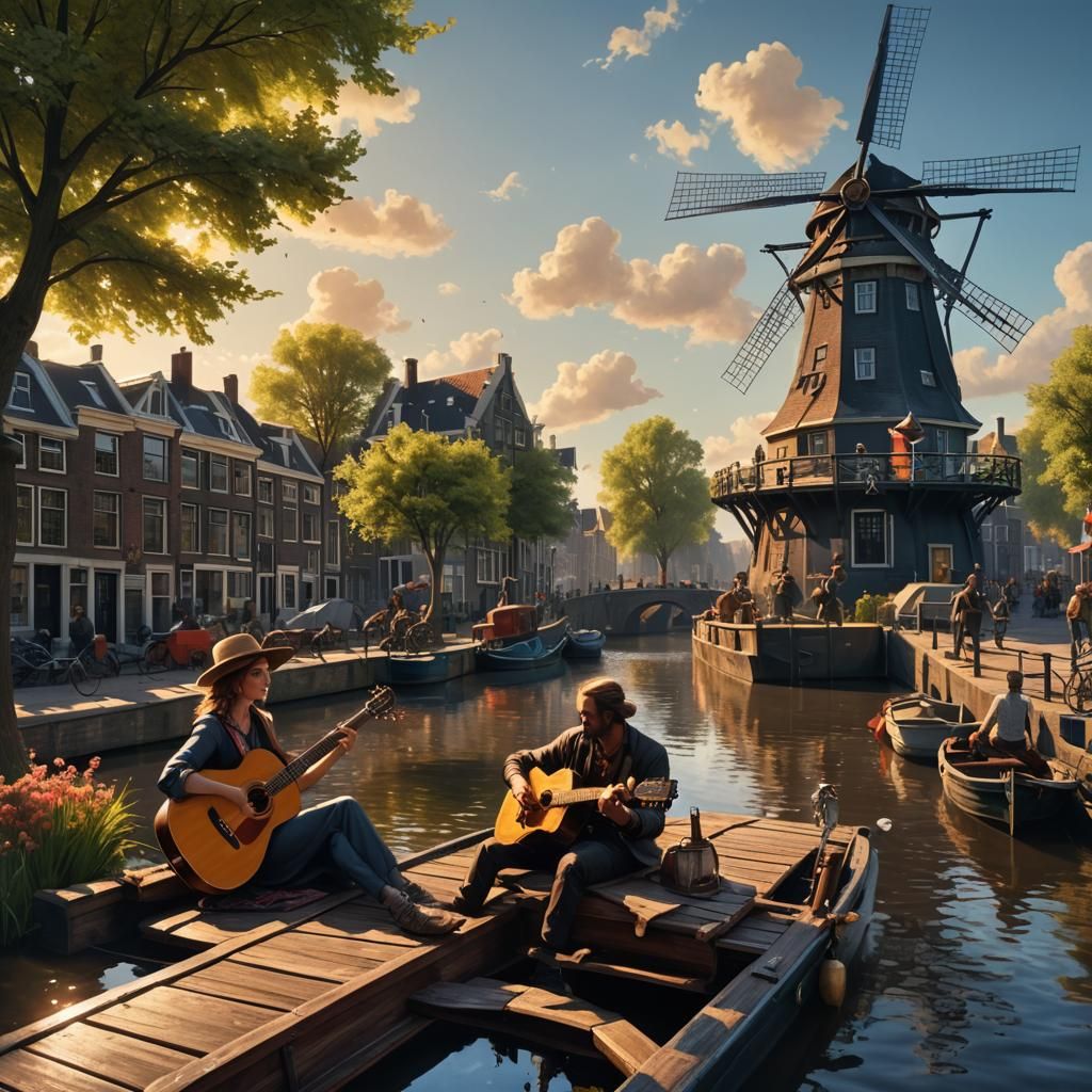 Amsterdam Canal Scene with Guitarist, Dark Fantasy Art