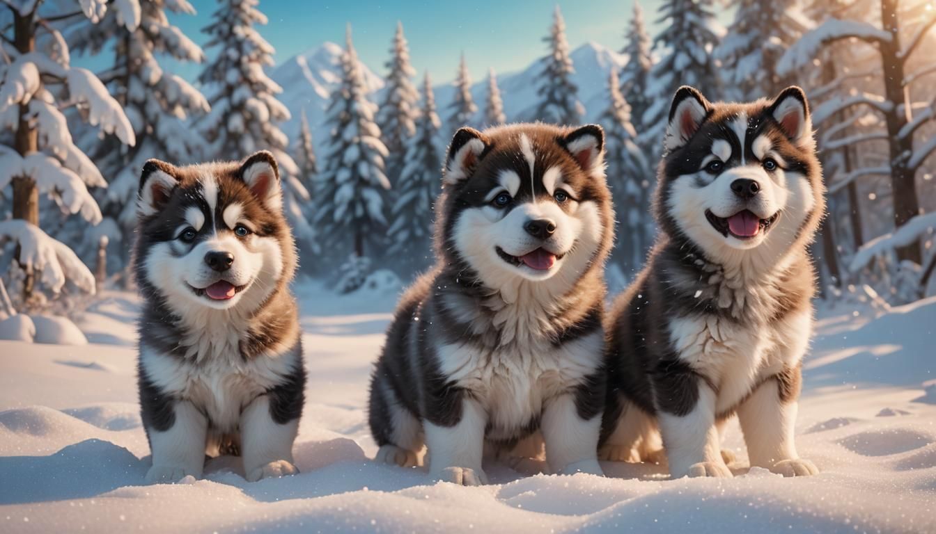 Playful Alaskan Malamutes in Dreamscape, 3D Art
