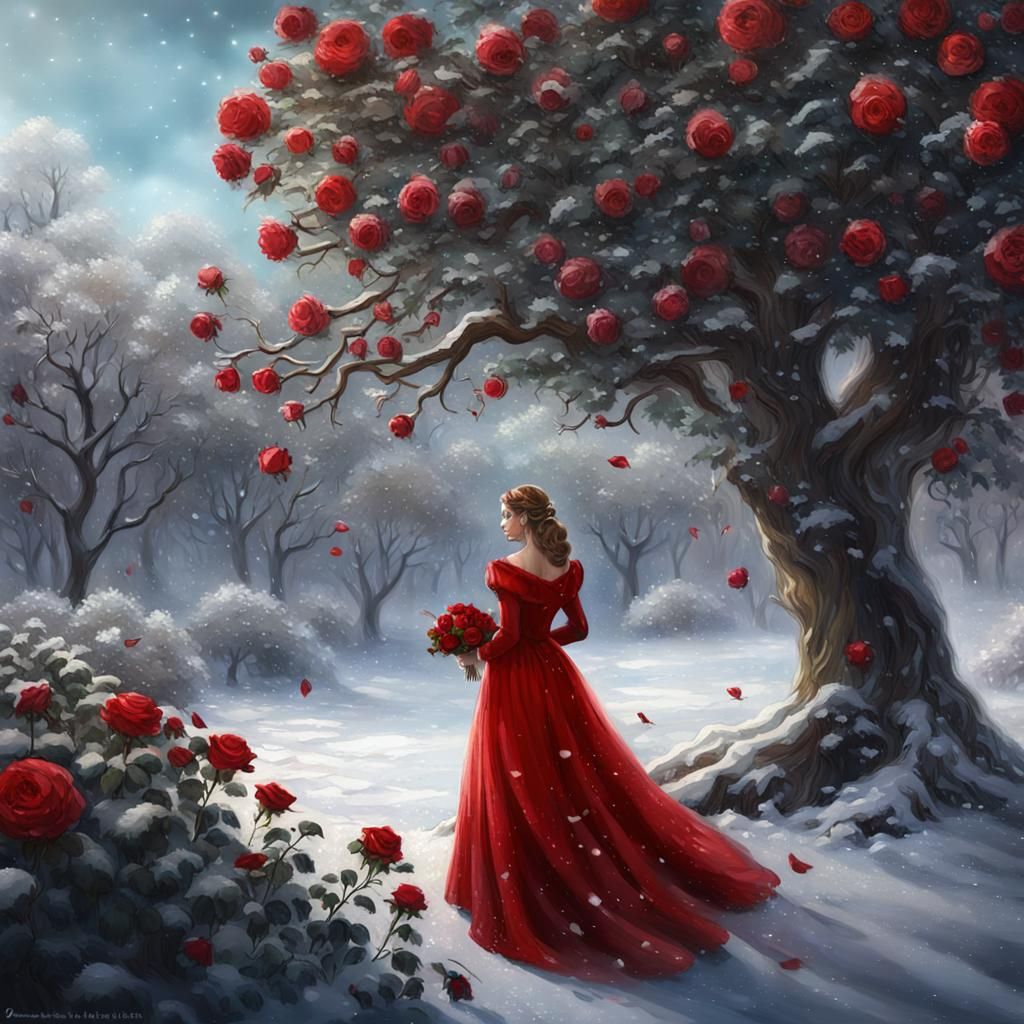 Woman in Red Dress with Roses in Snow, Impressionistic Style