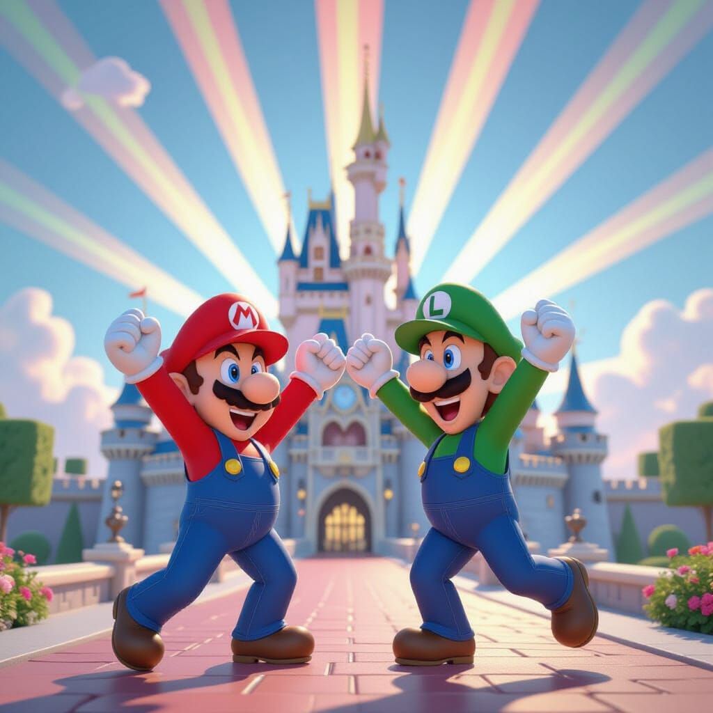 Mario and Luigi Celebrate in Front of Peach's Castle