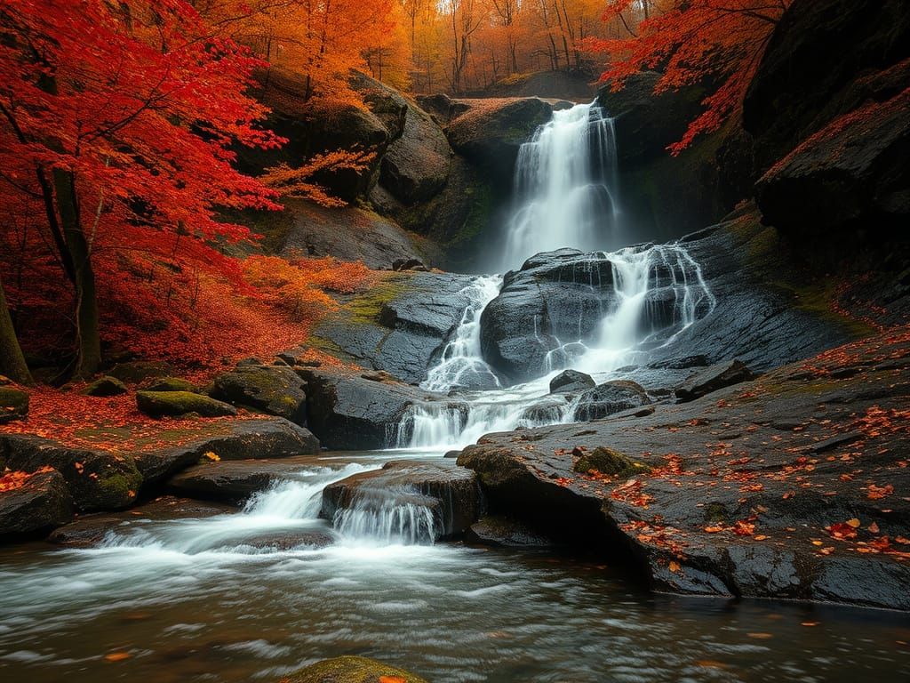 Misty Autumn Waterfall in Dense Forest