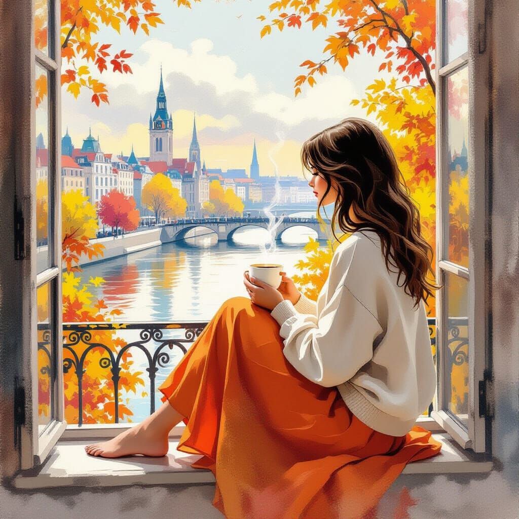 Serene Girl with Coffee Gazes at Autumn River Scene