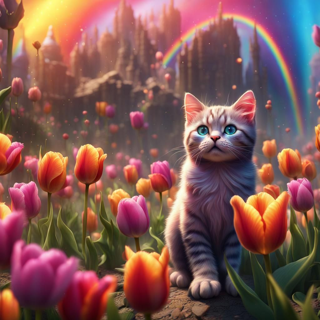 Rainbow Tulips Dance for Kittens: Fantasy Art
