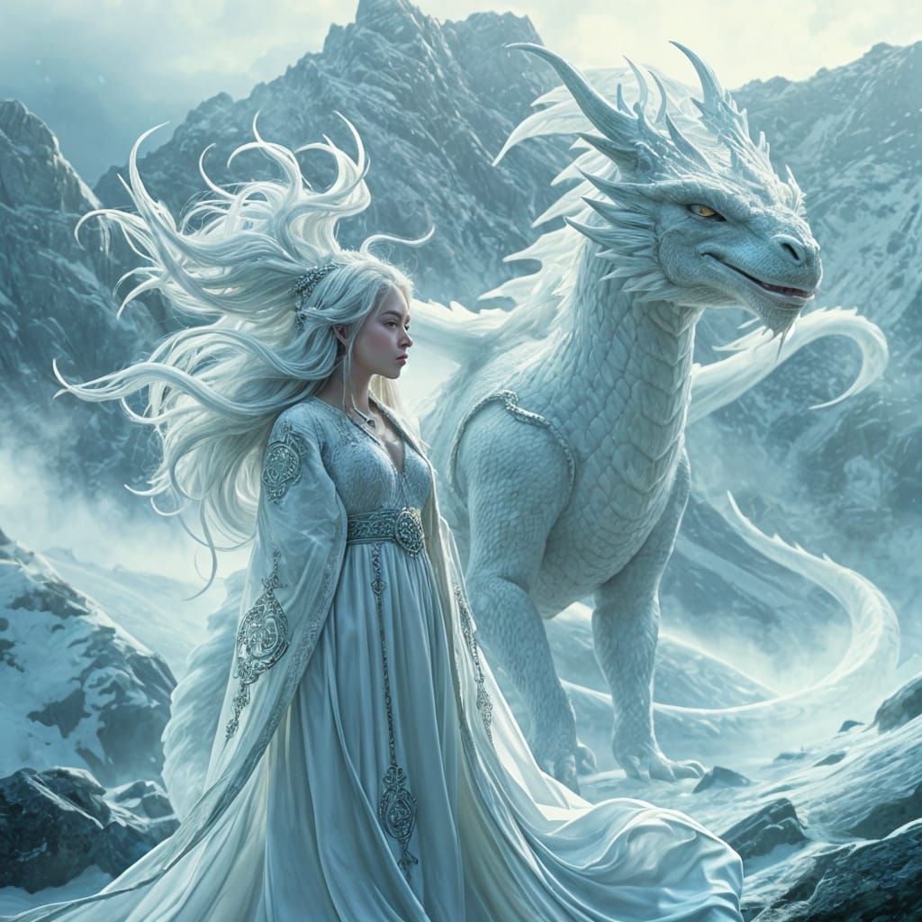 Dragon Goddess with White Dragon in Snowy Landscape