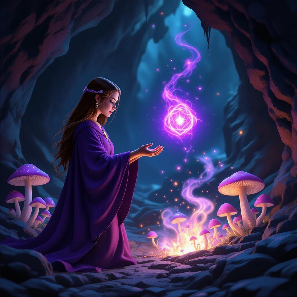 Priestess Casting Spells Amidst Glowing Mushrooms