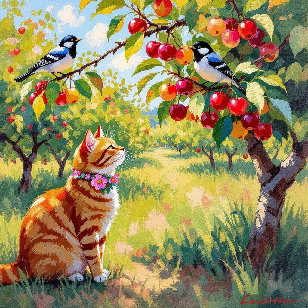 Sun-Drenched Orchard Scene in Gouache Style