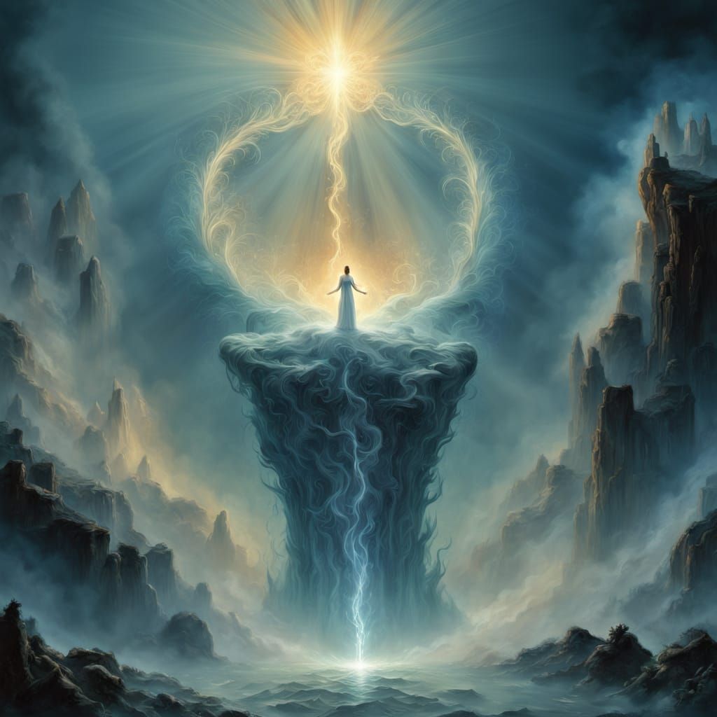 Figure Breaks Through Mist in Surreal Visionary Art Style