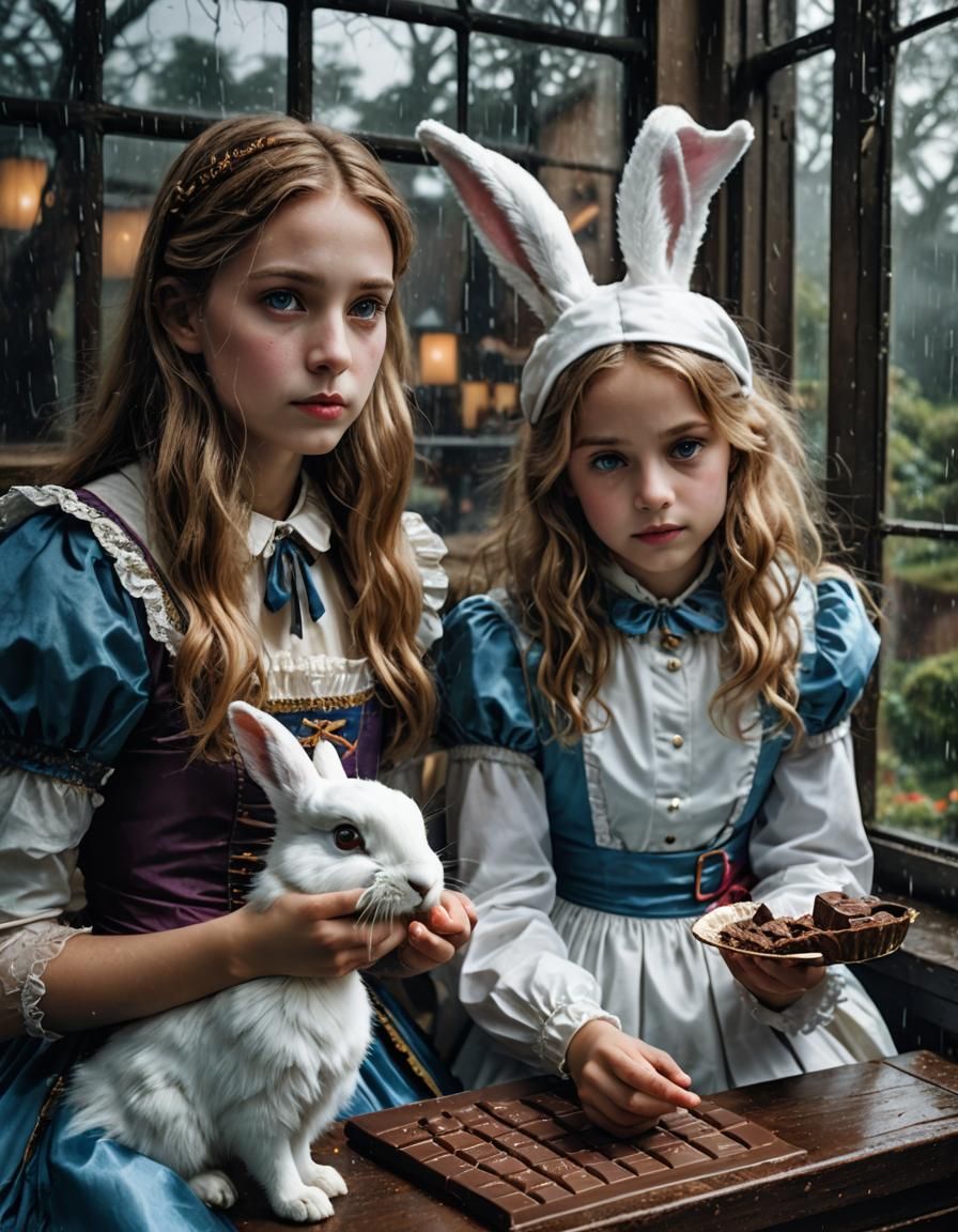 Alice and White Rabbit Share Chocolate: Hyperrealistic Photo