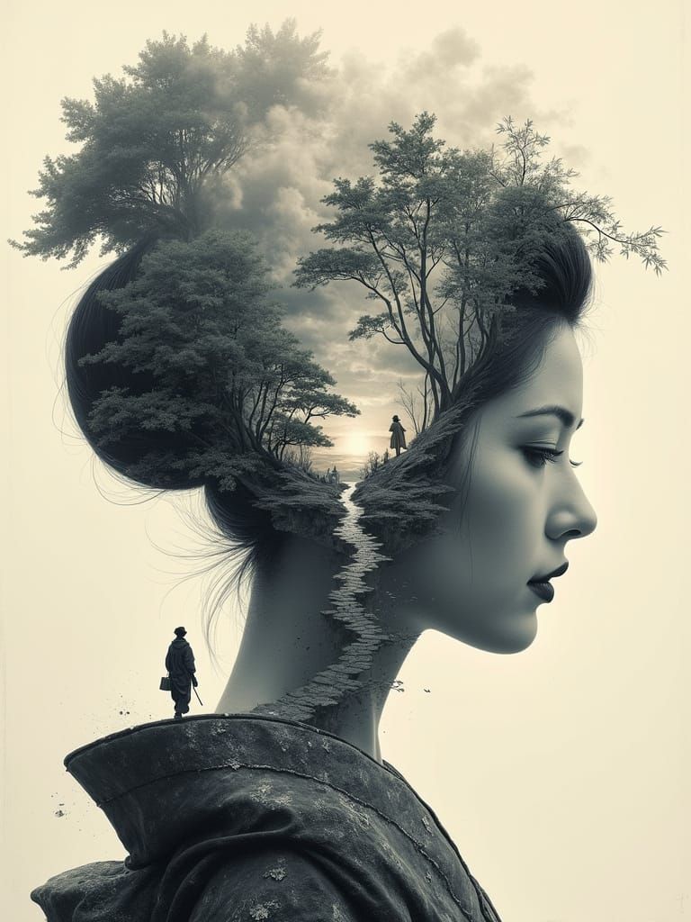 Surreal Geisha Dreamscape with Bonsai Cottages