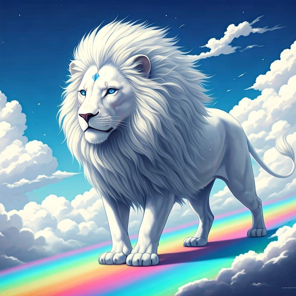 Cloud Lion Walking on Rainbow in Anime Style