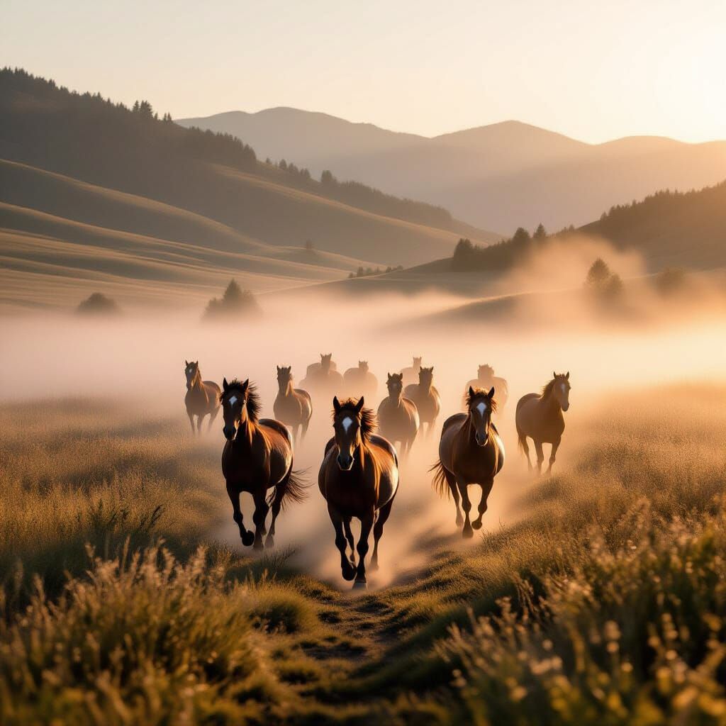 Wild Horses in Misty Valley at Dawn