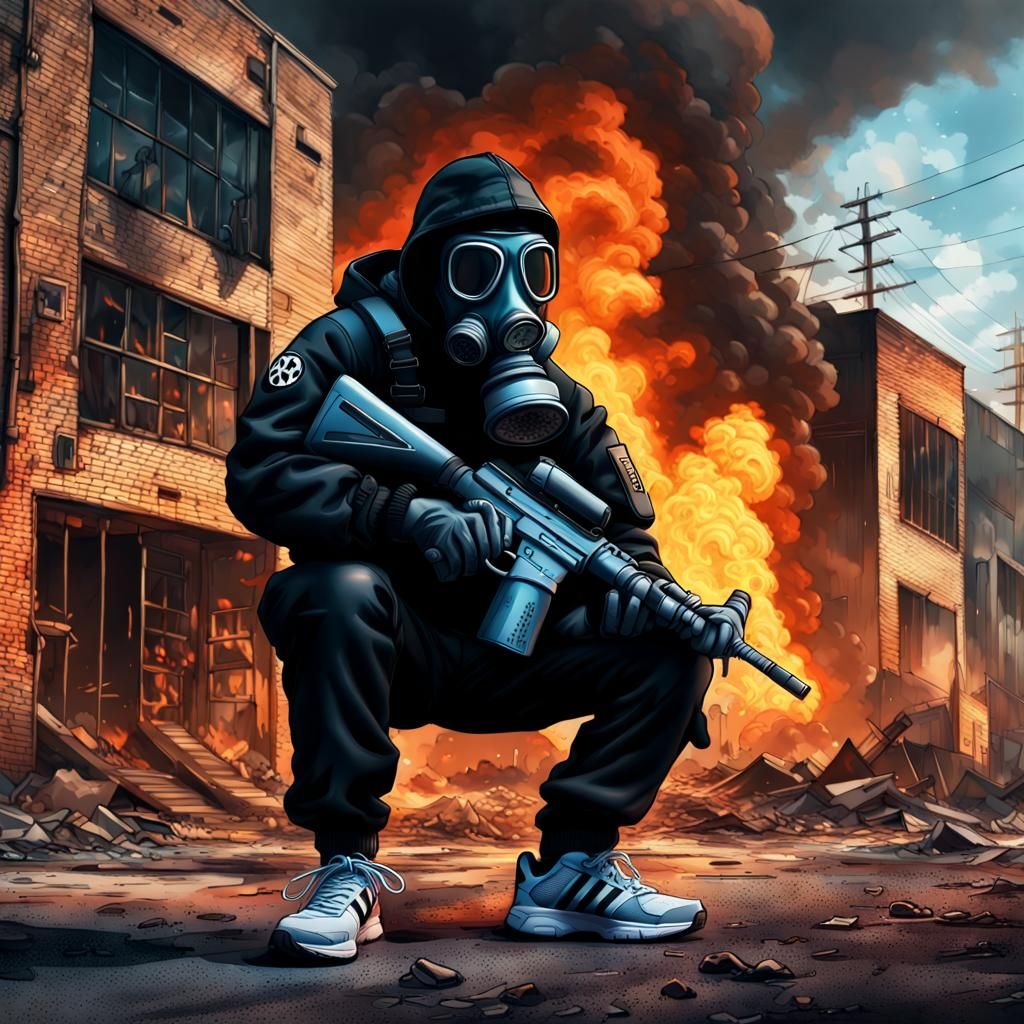 Soldier in Gas Mask in Front of Burning Building