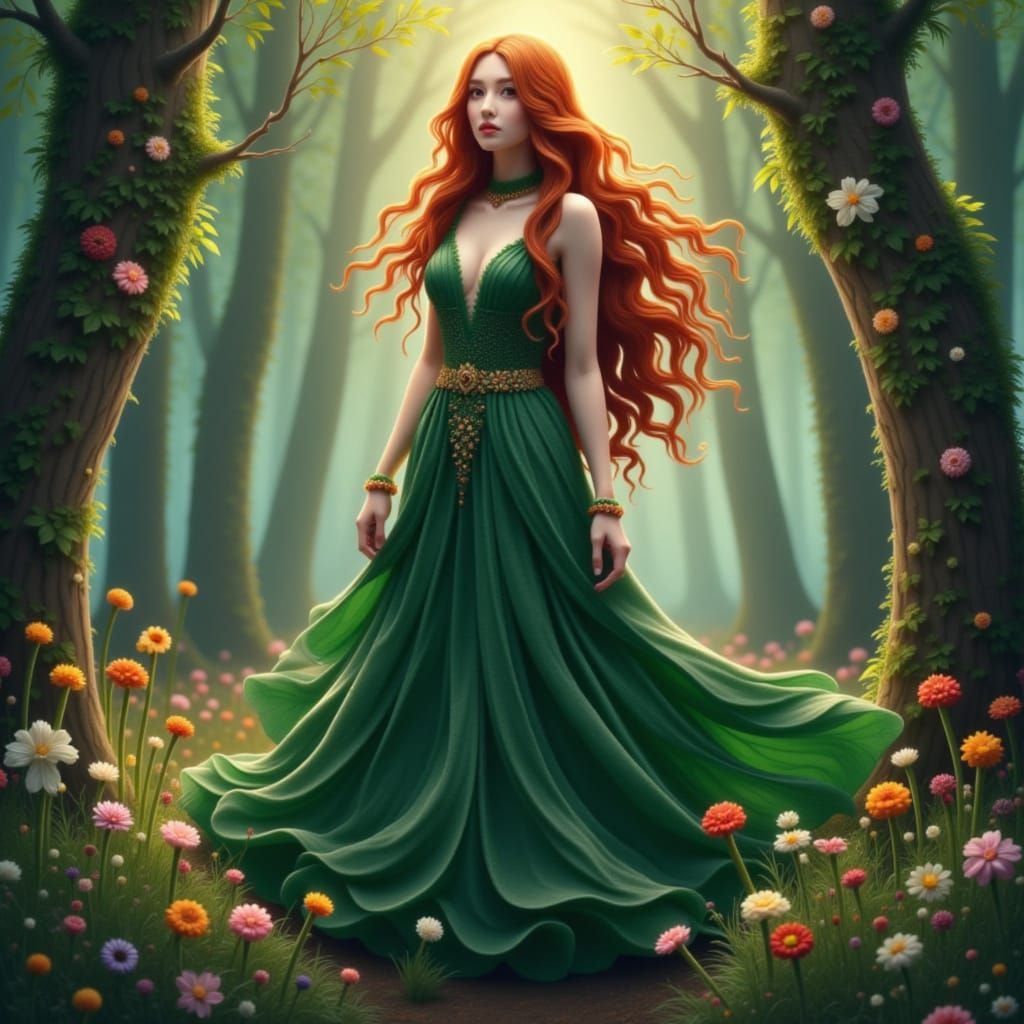 <lora:Made of flowers:1.0> Woman with long flowing bright red and orange hair