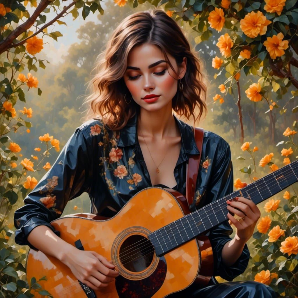 Young Woman Playing Guitar in Sunny Garden