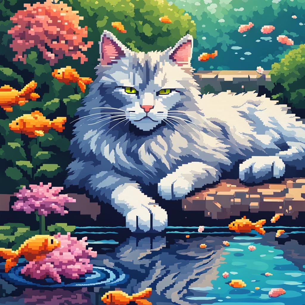 Detailed Pixel Art of Sleeping Cat by Stream