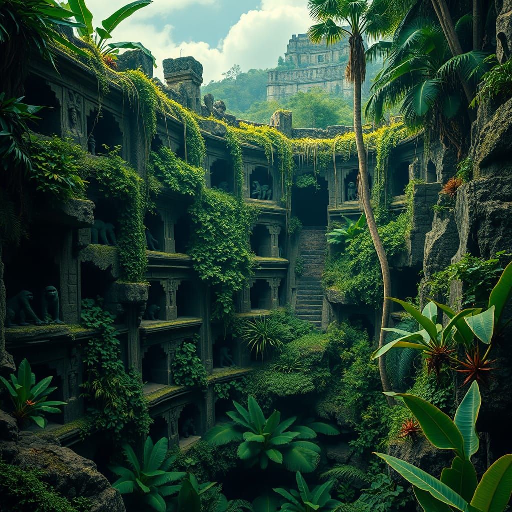 Mayan Aqueduct Ruins with Ape Carvings in Lush Jungle