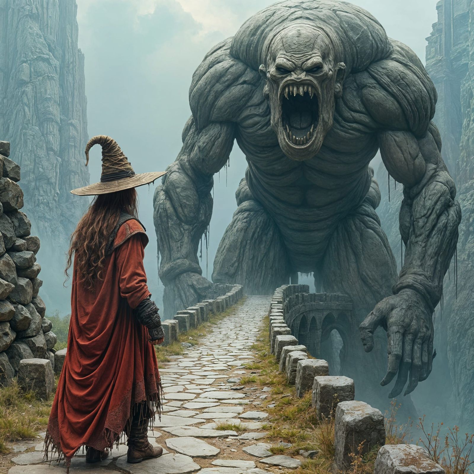 Ginger Witch and Stone Golem: Dark Fantasy Illustration