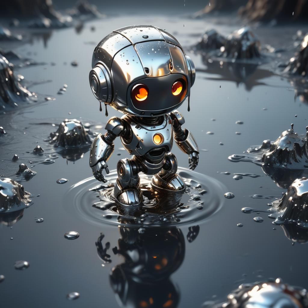 Chibi Robot Melts in Mercury Sea: Detailed Digital Art