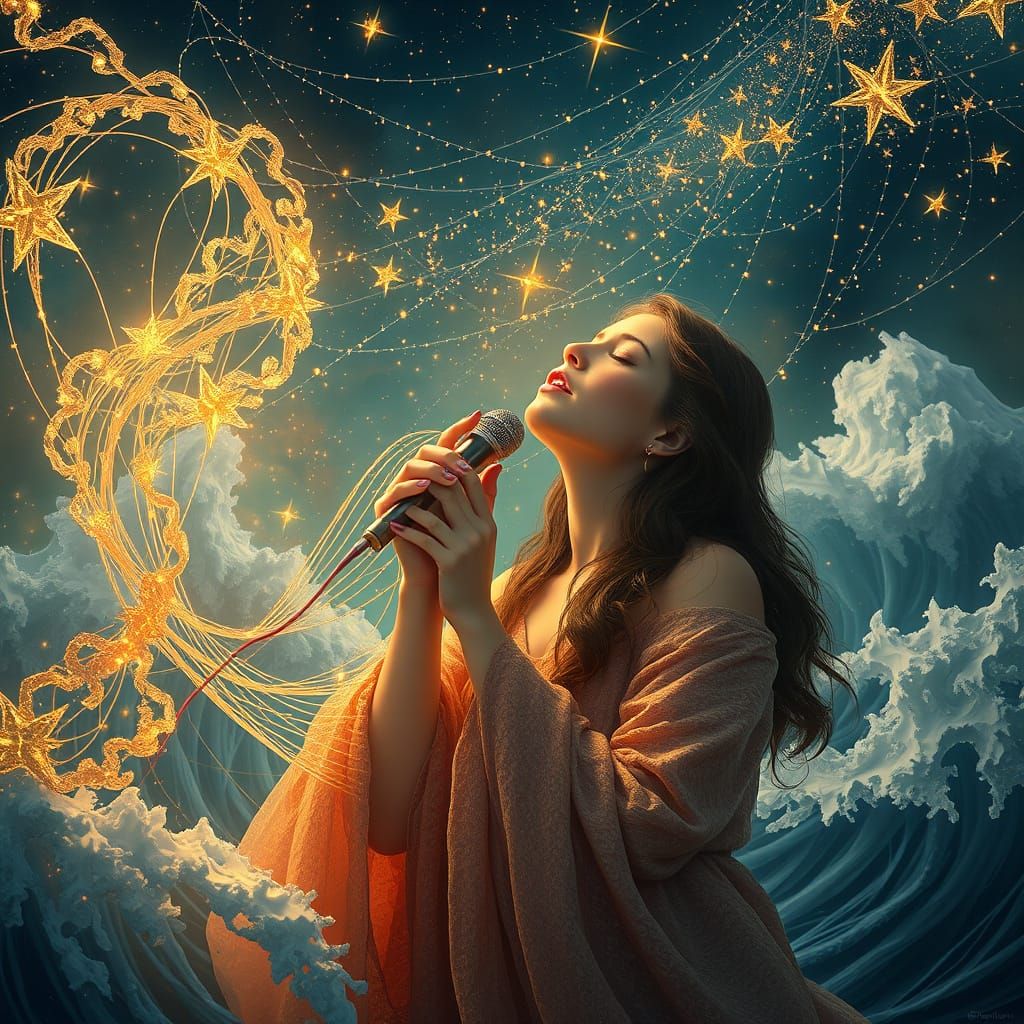 Woman Sings Starlight Tapestry in Painterly Style