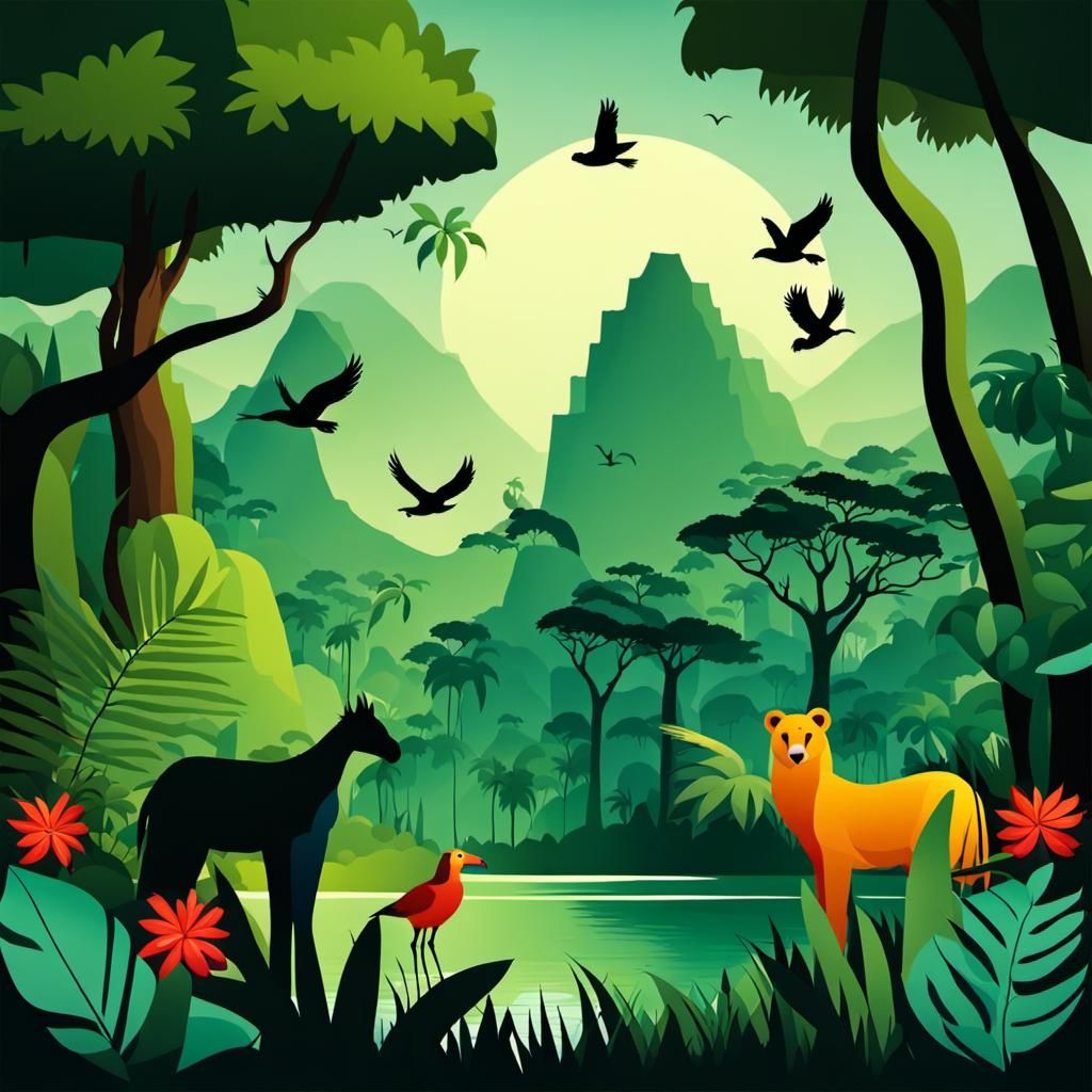 Lush Jungle Scene with Exotic Animals and Birds