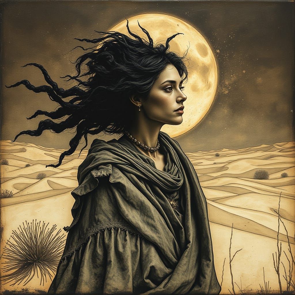 Mystic Nomad Under Desert Moonlight