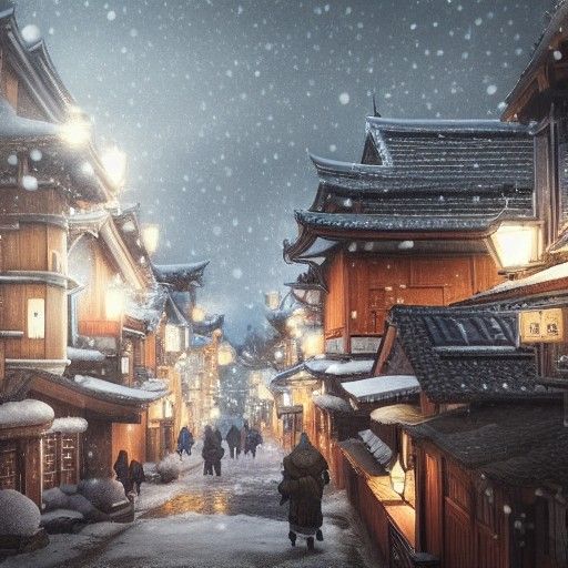 Snowy Japanese Village in Studio Ghibli Style