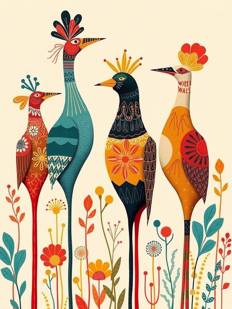 Whimsical Abstract Birds in 3D Textile Print