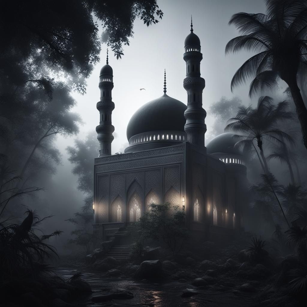 Haunted Mosque in Jungle Fog: Hyperrealistic Matte Painting