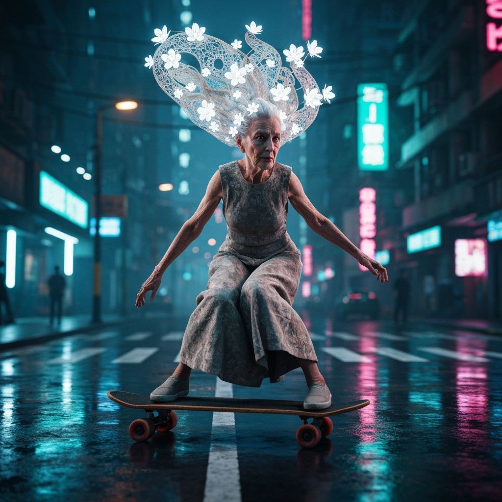 Cyberpunk Granny Shreds in Neon Cityscape
