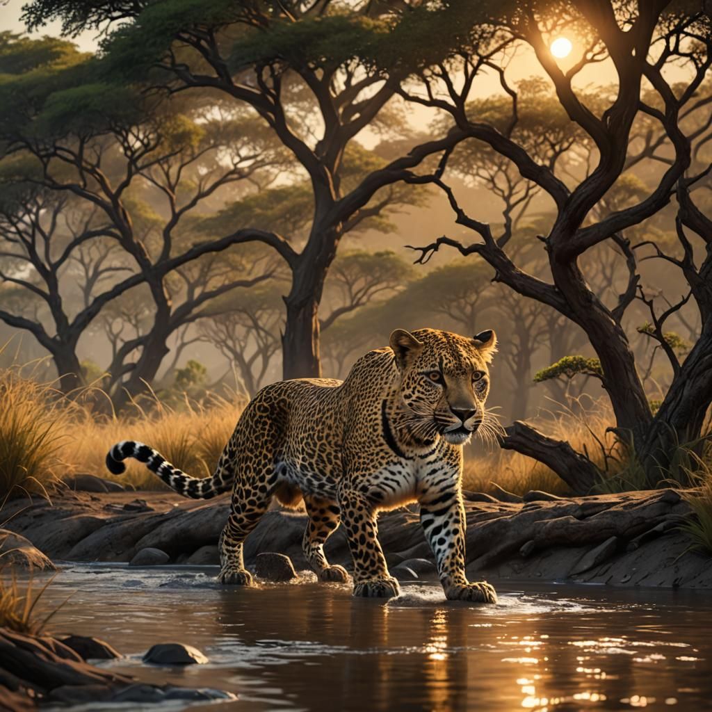 Leopard Drinking at Sunset in African Savanna