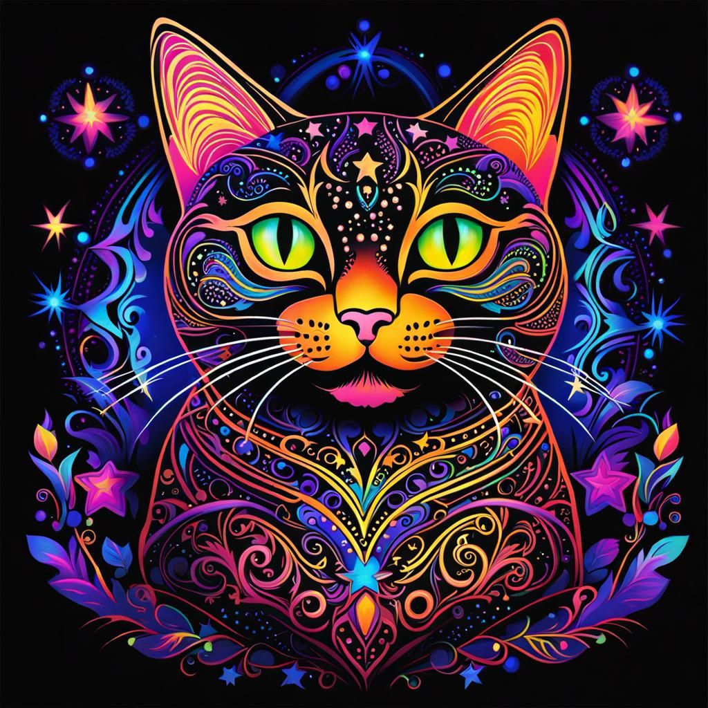 Excited Cat in Blacklight Fantasy Painting