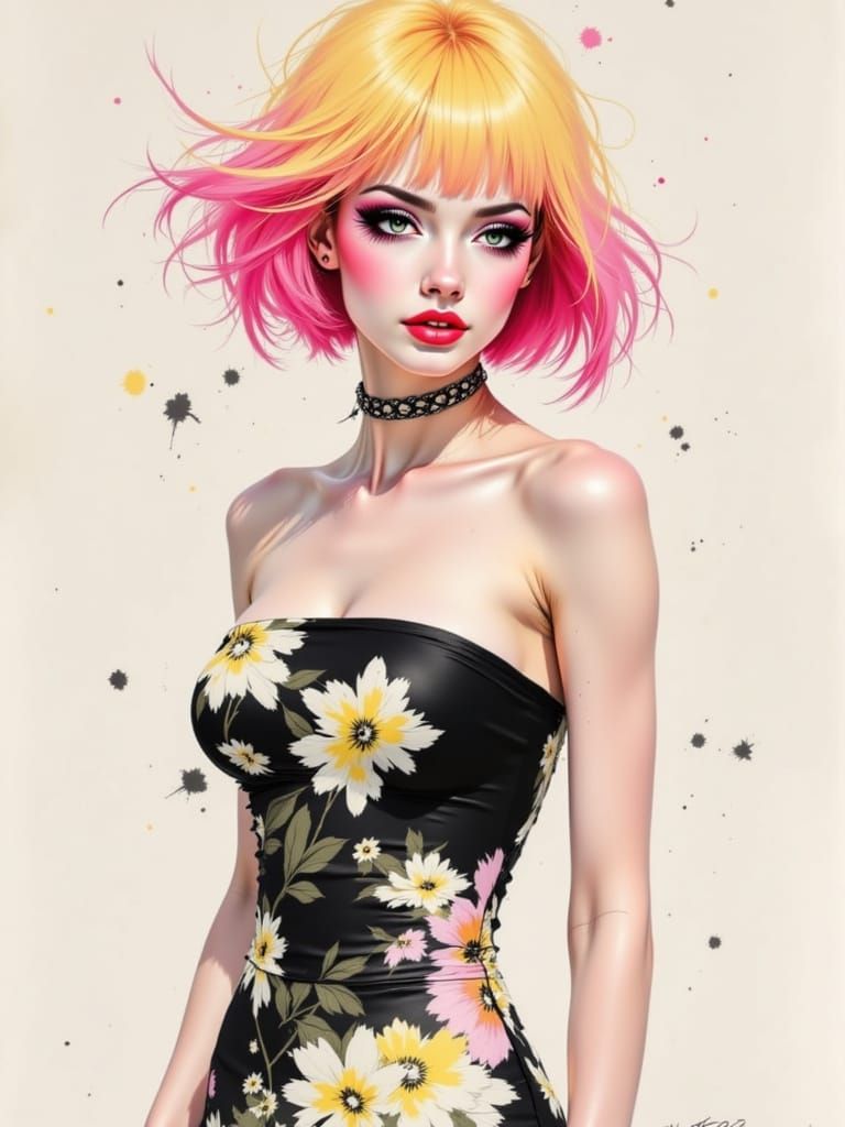 Pin-Up Woman with Pink Hair in Japanese Ink Style