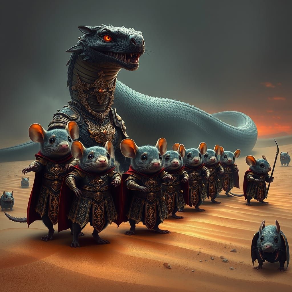Armor-Clad Mice King Battles Giant Serpent in Desert Kingdom