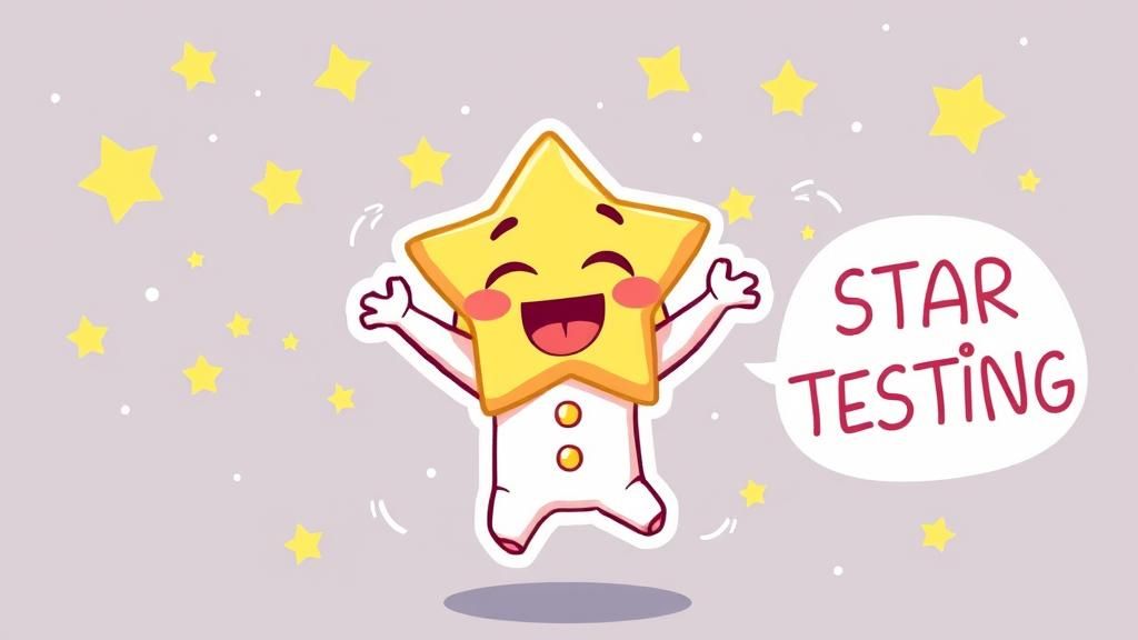 ADORABLE CHIBI STAR JUMPING FOR JOY SAYING "STAR TESTING"
