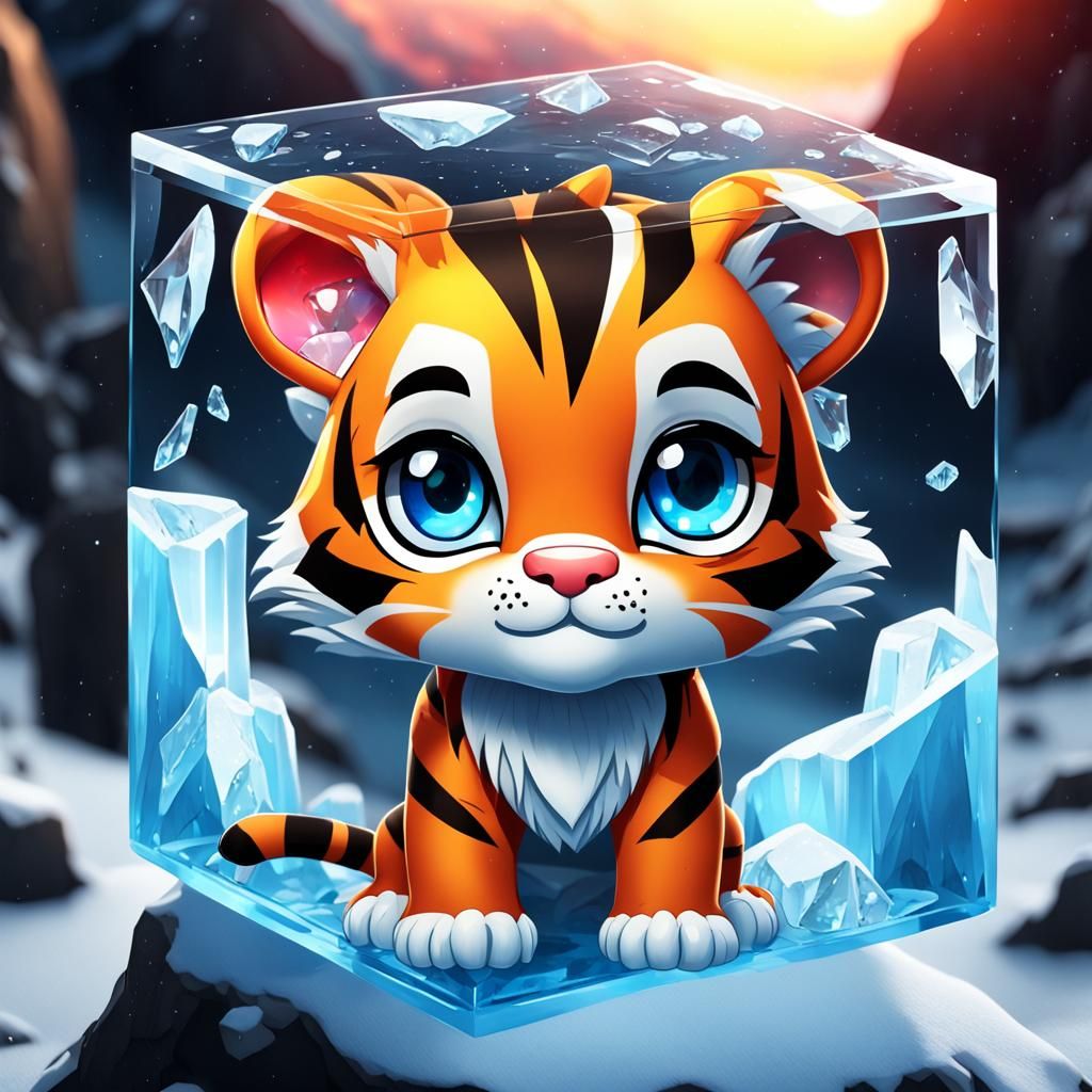 Charming Chibi Tiger Trapped in Ice Cave