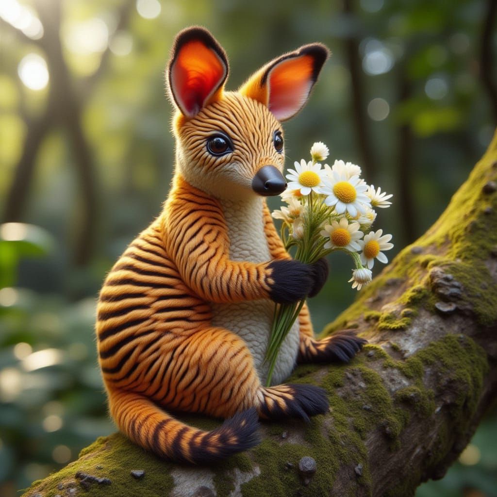 Quilted Kangaroo Doll with Floral Bouquet