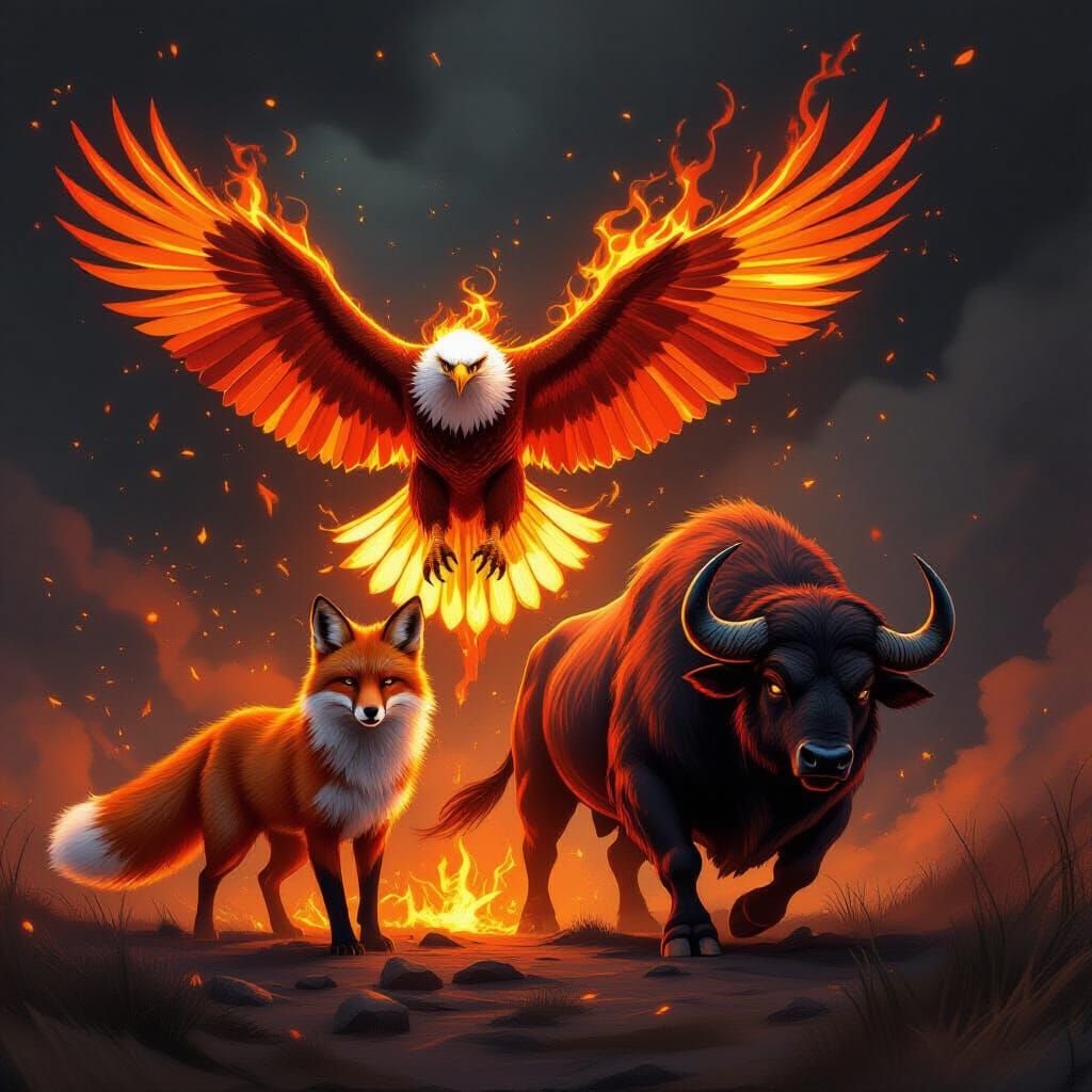Fiery Creatures: Eagle, Fox, Buffalo, and Bull