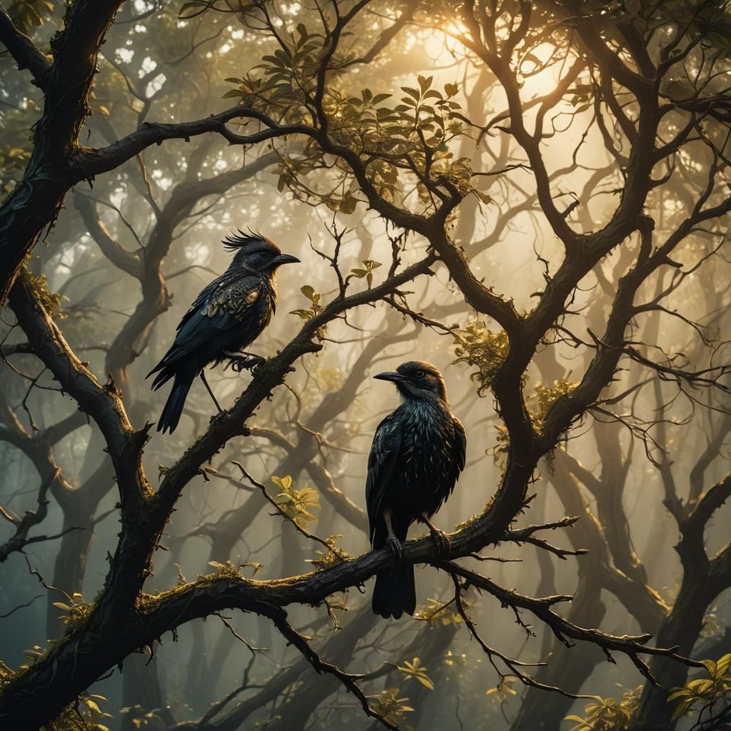 Summer Tree Bird in Dark Fantasy Style