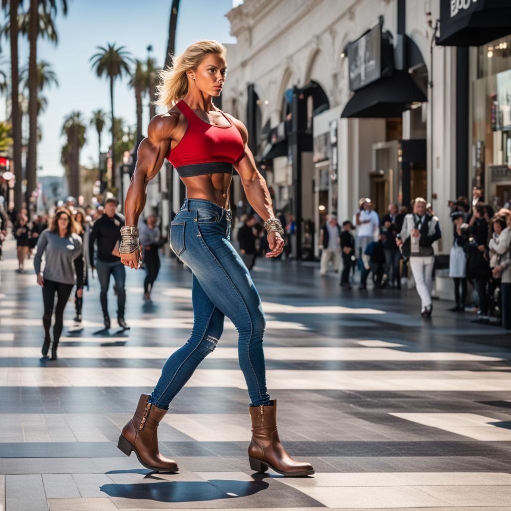 Muscular Woman Walks Rodeo Drive in Designer Fashion