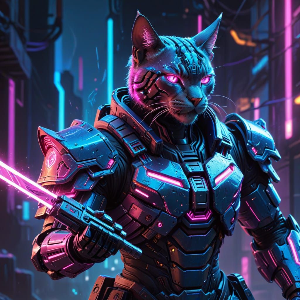 Cyberpunk Mech in Neon Armor, Inspired by Greg Rutkowski