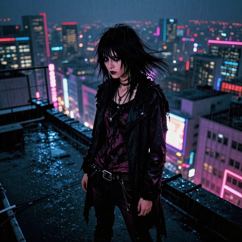 Lone Figure on Rooftop Overlooking Neon Cityscape