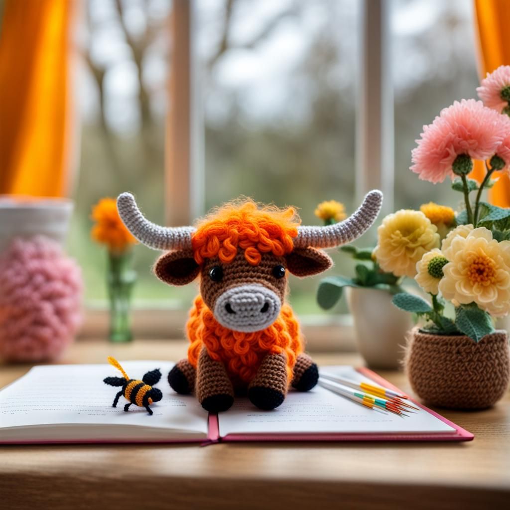 Crochet Highland Cow in Fantasy Garden