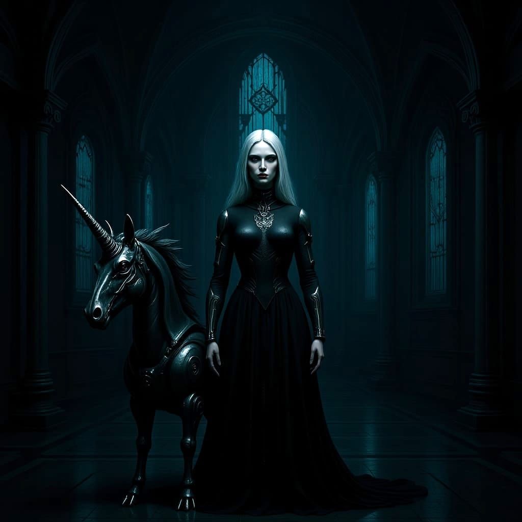 Biomechanical Lady and Unicorn in Giger Style