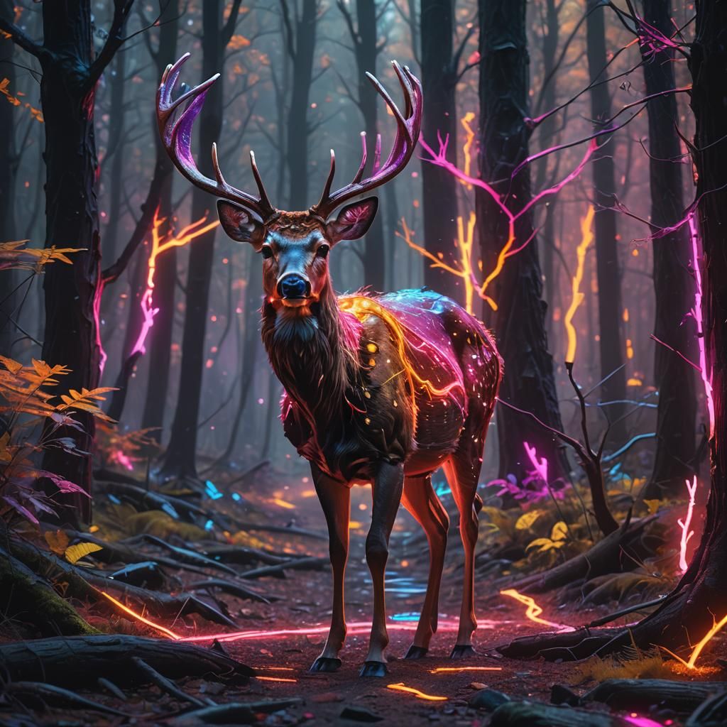 Neon Deer in Fluorescent Forest: Digital Art