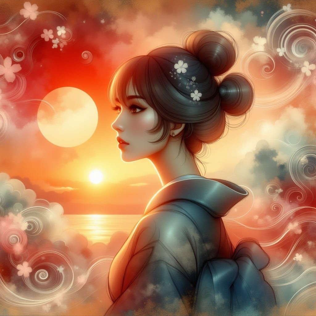 Geisha at Sunset with Cherry Blossoms