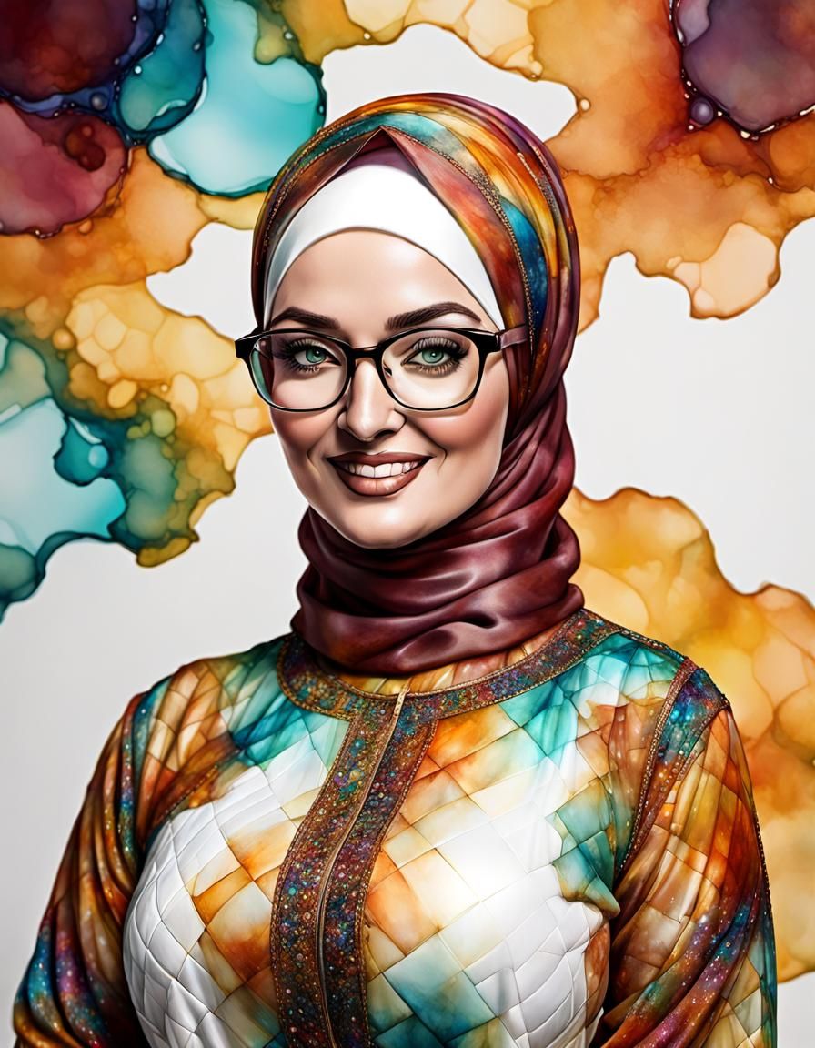 Friendly Hijabi Woman Portrait in Psychedelic Alcohol Ink