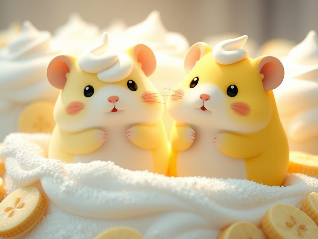 Whimsical Banana Cream Pie Hamsters in Vibrant Fantasy Land